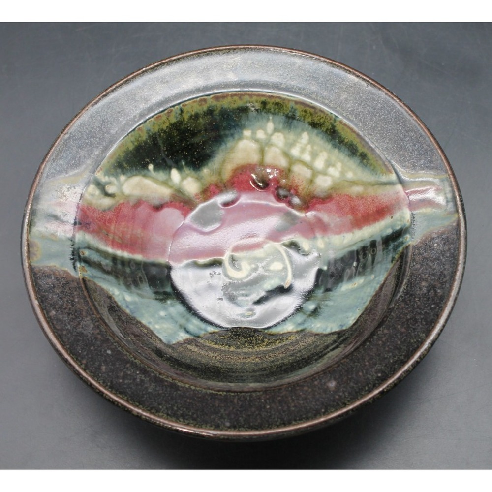 Signed Studio Pottery Art Bowl 9" Multicolor Drip Glaze Hand Thrown Stoneware